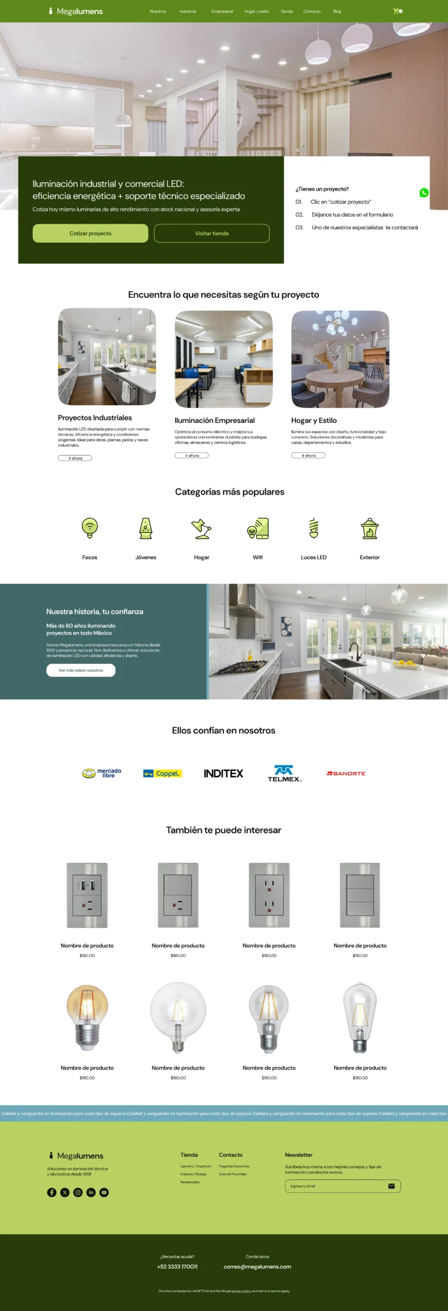 Full homepage of the Megalumens redesign: hero with quote and store actions, buyer profiles, popular categories, company story, products and footer