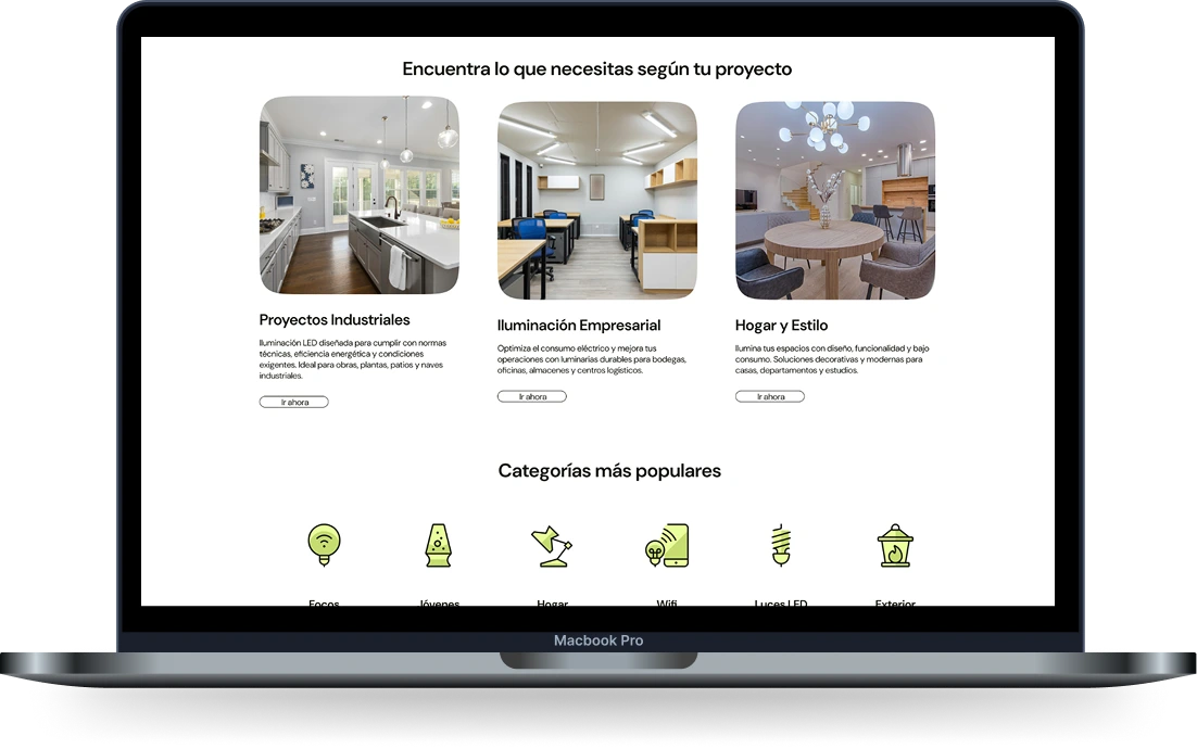 Megalumens redesign on a laptop: 'Find what you need for your project' with the three buyer profiles and popular categories
