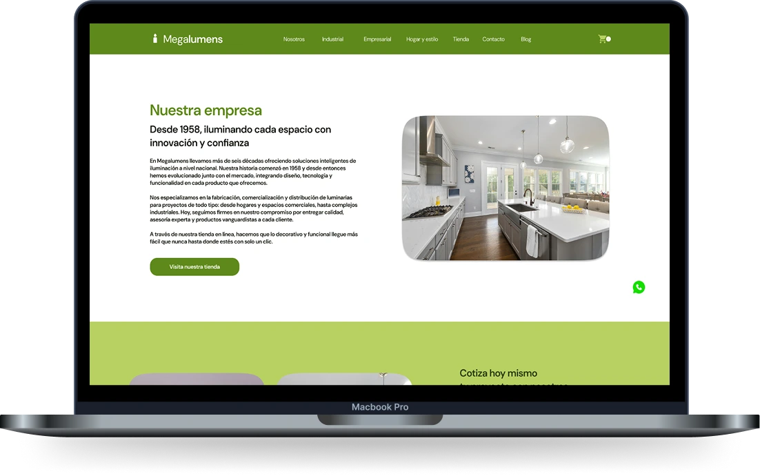 Megalumens redesign on a laptop: 'Nuestra empresa' page, since 1958 lighting every space with innovation and trust